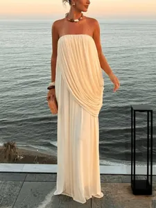 Women's Strapless Ruched Maxi Dress Sexy Off-White Chiffon Sleeveless Slim Fit Party Socialite Solid Color Floor Length Dress