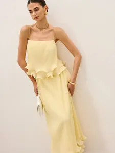 Vestito a Canotta Plissettato Estivo da Donna Elegante Scollo Quadrato Orlo con Volant Senza Maniche Mini Abito Tinta Unita Vacanza Casual