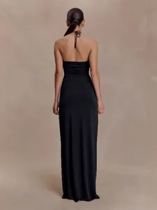 Elegant backless black halter-neck bodycon maxi dress with ribbon tie for women