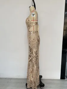 Elegant gold sequin floor length evening gown side profile on mannequin for party