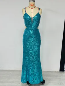 Elegant teal V-neck sequin evening dress featuring waist cut-outs and a mermaid silhouette.