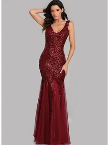 Elegant burgundy sequin mermaid evening dress with deep V-neck and layered tulle hem