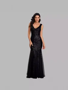 Elegant black sequined mermaid evening dress with deep V-neck and floor-length tulle skirt