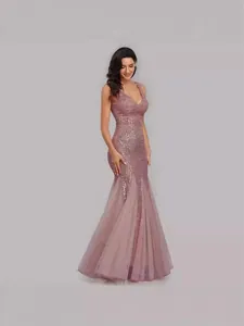 Elegant sequined mermaid evening gown with deep V-neck and tulle hem in dusty rose