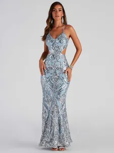 Elegant Sequin Mermaid Evening Dress Sexy Deep V Neck Backless Cut-out Formal Party Prom Maxi Dress For Women Wedding Guest