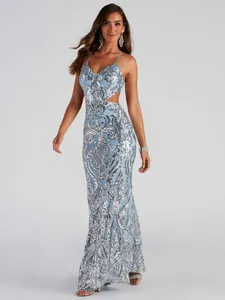 Elegant light blue sequined evening gown with V-neck and side cutouts for formal events.
