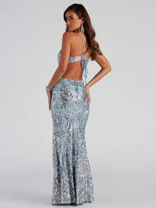 Elegant light blue sequined evening gown with halter lace-up back and silver pattern