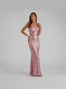 Elegant rose pink sequin V-neck evening gown with side cutouts and mermaid silhouette for party
