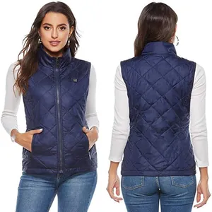Vista dettagliata del gilet riscaldato trapuntato da donna blu navy, fronte e retro.