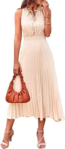 Elegant sleeveless cream pleated midi dress with Swiss dots and a chic tied neckline.