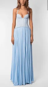 Elegant light blue halter neck maxi dress with lace corset bodice and pleated skirt