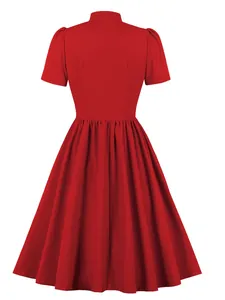 Detailed back view of an elegant red vintage-style short sleeve A-line midi dress