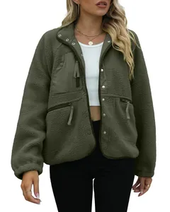 Front view of a women's olive green sherpa fleece jacket featuring a zippered chest pocket.