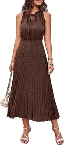 Detailed view of women's brown sleeveless Swiss dot pleated midi dress with V-neck