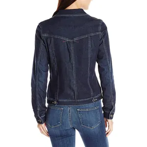 Slim fit σκούρο μπλε βαμβακερό τζιν μπουφάν για γυναίκες, λεπτομέρεια πίσω όψης.