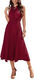 Detailed view of an elegant maroon Swiss dot pleated midi dress with a stylish tie neck