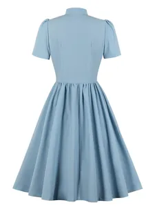 Back view of a vintage light blue short-sleeved flared dress with a pleated skirt.