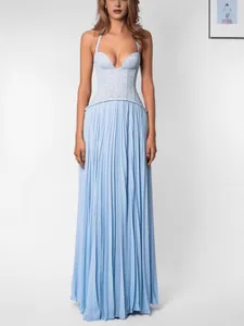 Elegant light blue halter pleated maxi dress featuring a lace corset bodice for women