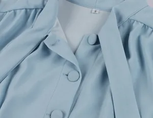 Detailed macro shot of light blue dress neckline featuring bow tie and covered buttons.