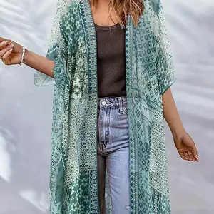 Stylish bohemian geometric print long open cardigan beach cover-up with stripe patterns