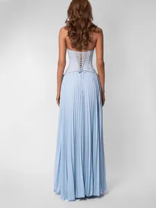 Elegant light blue pleated maxi dress featuring a sexy corset lace-up back design