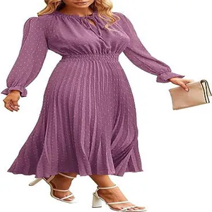 Elegant purple Swiss dot pleated midi dress with V-neck and long sleeves for modern women