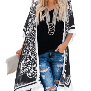Bohemian black and white paisley printed cardigan beach cover-up for women fashion