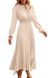 Elegant beige Swiss dot midi dress with pleated A-line skirt and ruffled V-neckline
