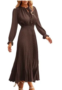 Elegant brown Swiss dot pleated midi dress with V-neck and elastic waist design