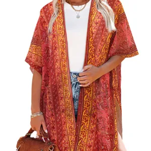 Boho floral print long cardigan beach cover-up with geometric stripes for women