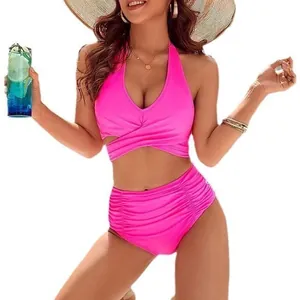 Pinker zweiteiliger Halter-Bikini mit hoch taillierter Hose und gerafftem Vorderteil