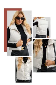 Gilet matelassé blanc cassé élégant pour femme avec col montant et fermeture éclair avant