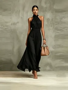 Elegant black halter neck chiffon maxi dress with pleated waist for resort style
