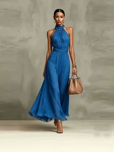 Elegant blue halter-neck chiffon maxi dress with waist-slimming pleats for vacations.