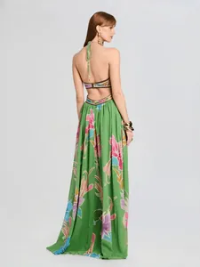 Elegant back view of a French floral maxi dress with halter neck and open back design