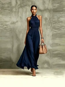 Elegant navy blue halter neck pleated chiffon maxi dress with slimming waist for vacation