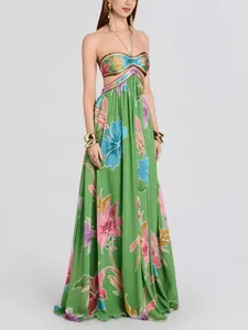 Elegant women's tropical floral print backless halter maxi dress for holiday wear