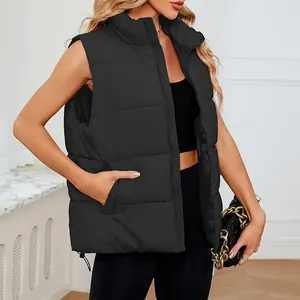 Detailed view of a stylish black women's padded puffer vest with a stand collar design.