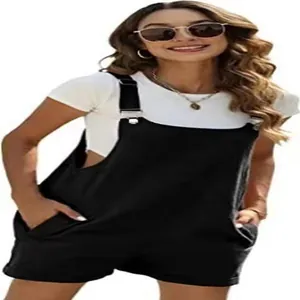 Modische Damen-Latzhose aus Baumwollleinen mit verstellbaren Trägern in Schwarz