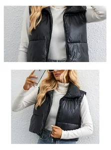 Vue détaillée d'un gilet matelassé noir pour femme avec col montant et fermeture éclair