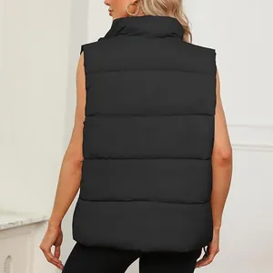 Rear view detail of a black quilted puffer vest featuring a cozy stand-up collar