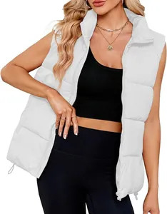 Women's white sleeveless quilted puffer vest with stand collar for autumn and winter