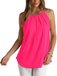 Top a lupetto rosa neon plissettato con elegante orlo curvo per look estivo