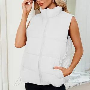 Close-up of a white padded puffer vest for women with stand collar and quilted design