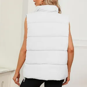 Rear view of a stylish white padded puffer vest with stand-up collar and quilted finish