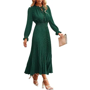 Elegant dark green Swiss dot pleated midi dress with long sleeves and elastic high waist