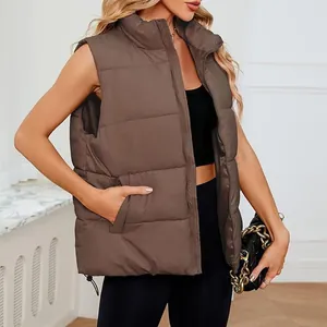 Detailed shot of a brown sleeveless puffer vest featuring a stand collar and side pockets