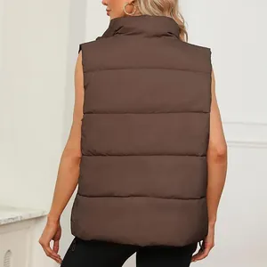 Detailed back view of women's brown quilted puffer vest with warm stand collar