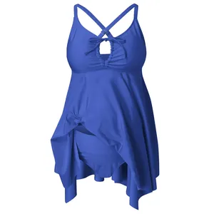 Blauer Tankini-Badeanzug mit hohem Bund, Rock-Oberteil und gekreuztem Rücken-Detail