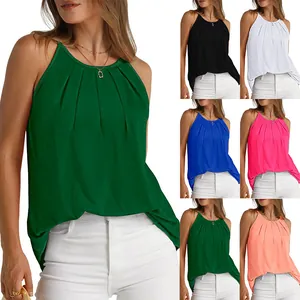 Canotta Donna Scollo a Halter con Pieghe Cotone Tinta Unita Spalline Sottili Orlo Curvo Manica Corta